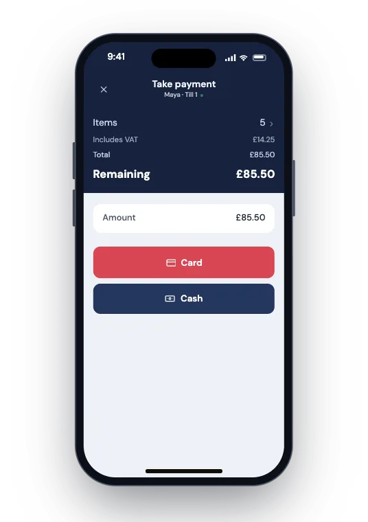 The till on an iPhone taking an £85.50 payment, with Card and Cash buttons
